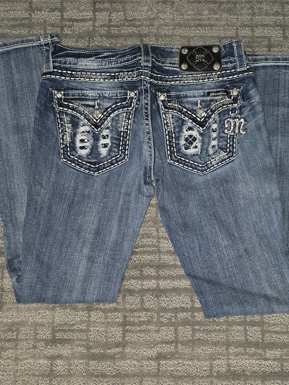 Miss Me Blue Straight Leg Jeans with Embellished Back Pockets